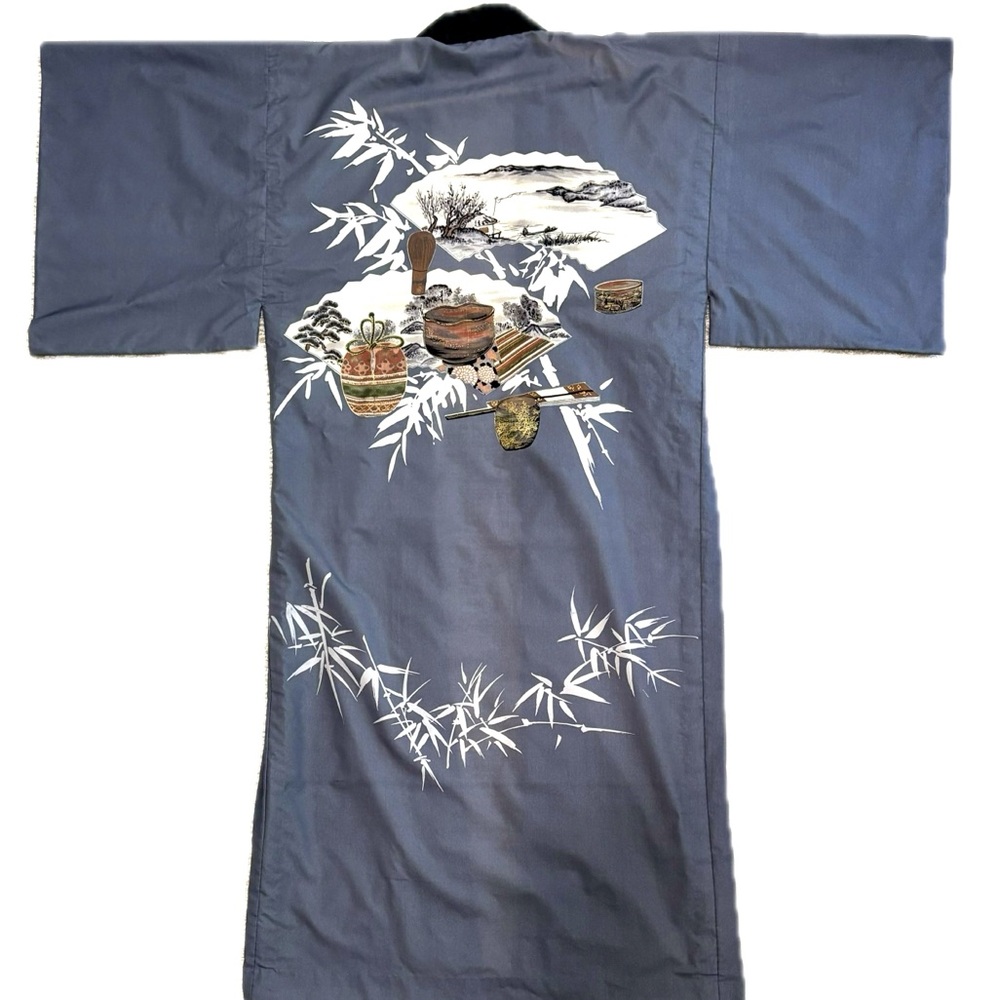 Vintage Japanese Traditional Mens Yukata Kimono Robe OS Fan Tea Bamboo Print